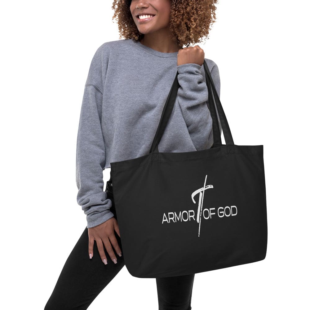 Large Black Tote Bag - Armor of God Inspirational Print